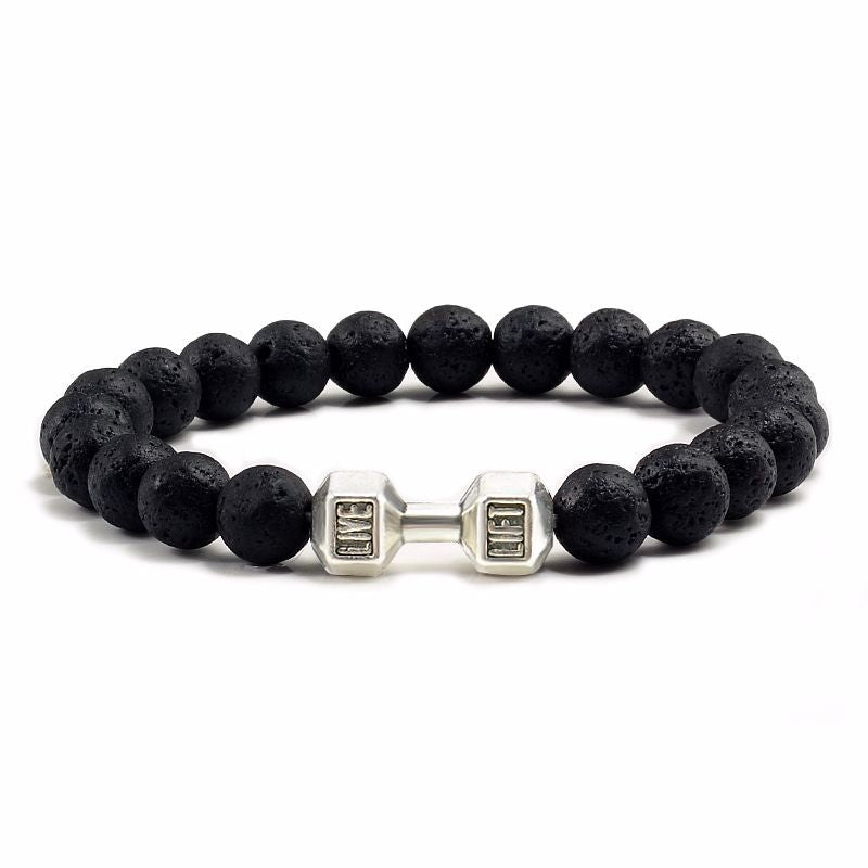 Pulsera de mancuerna grande de piedra volcánica de piedra negro.